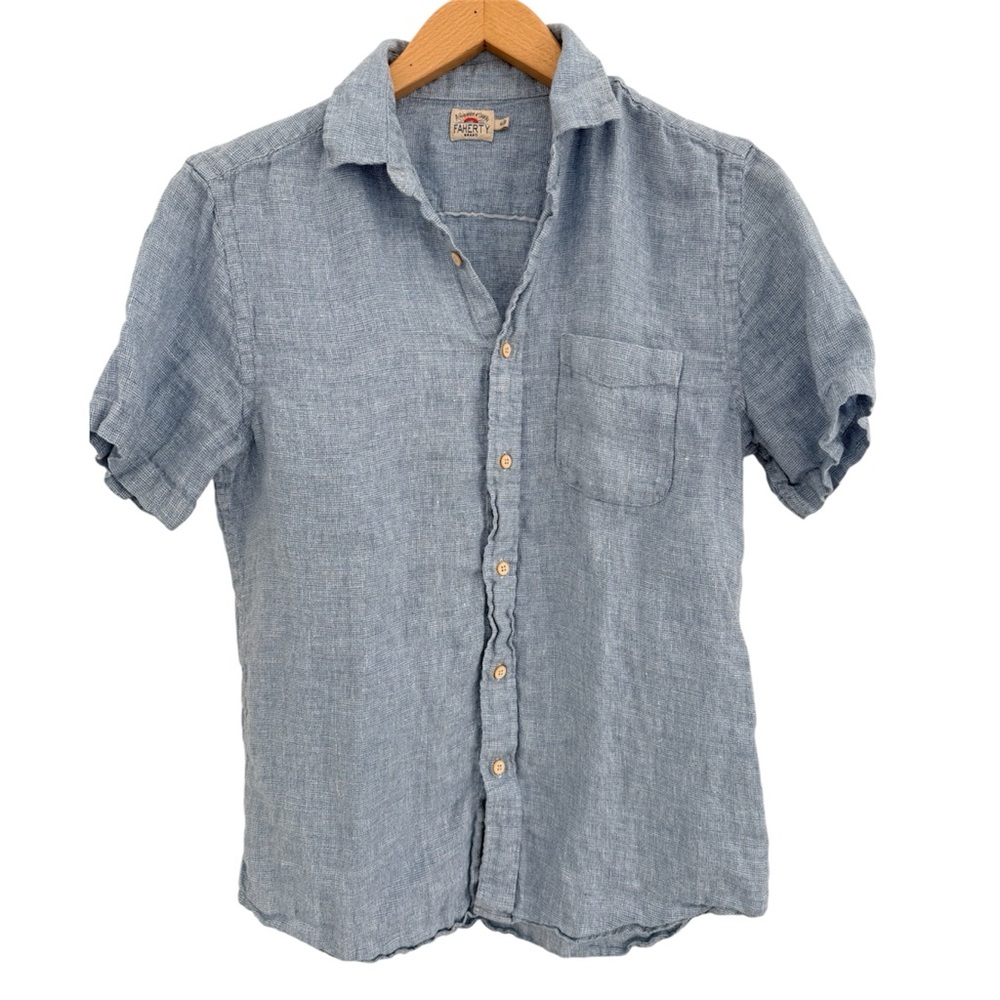 Faherty Short-Sleeve Palma Linen Shirt - Blue Basketweave - Picture 5 of 10